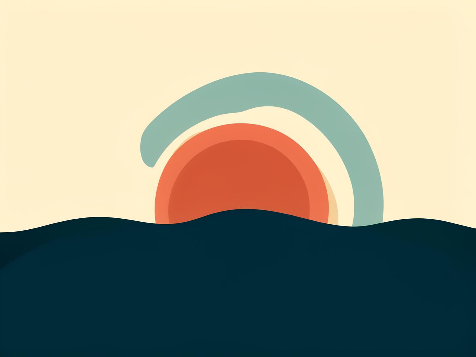 Ilustração abstrata do ciclo diário, com o sol nascendo sobre ondas, representando o ritmo entre rotina e humor.